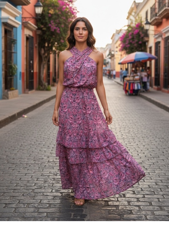 Outerknown Dresses & Skirts - Outerknown Bailey Cross Halter Pink Floral Cut-Out Tiered Maxi Dress‎
